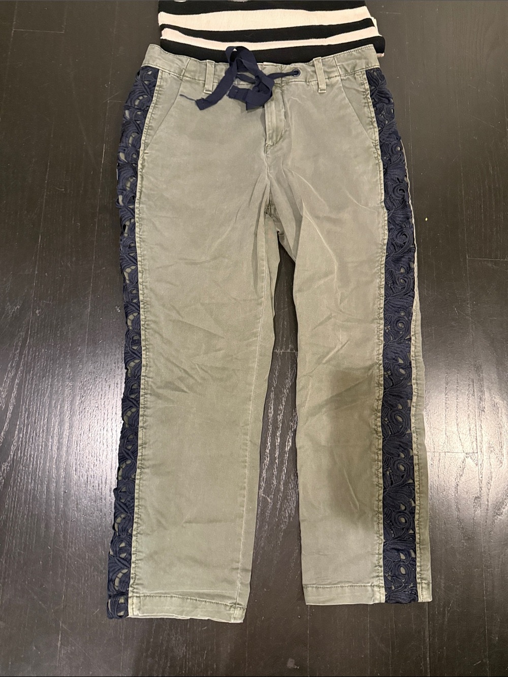 GAP Olive Green Pants with Navy Lace Side Stripes